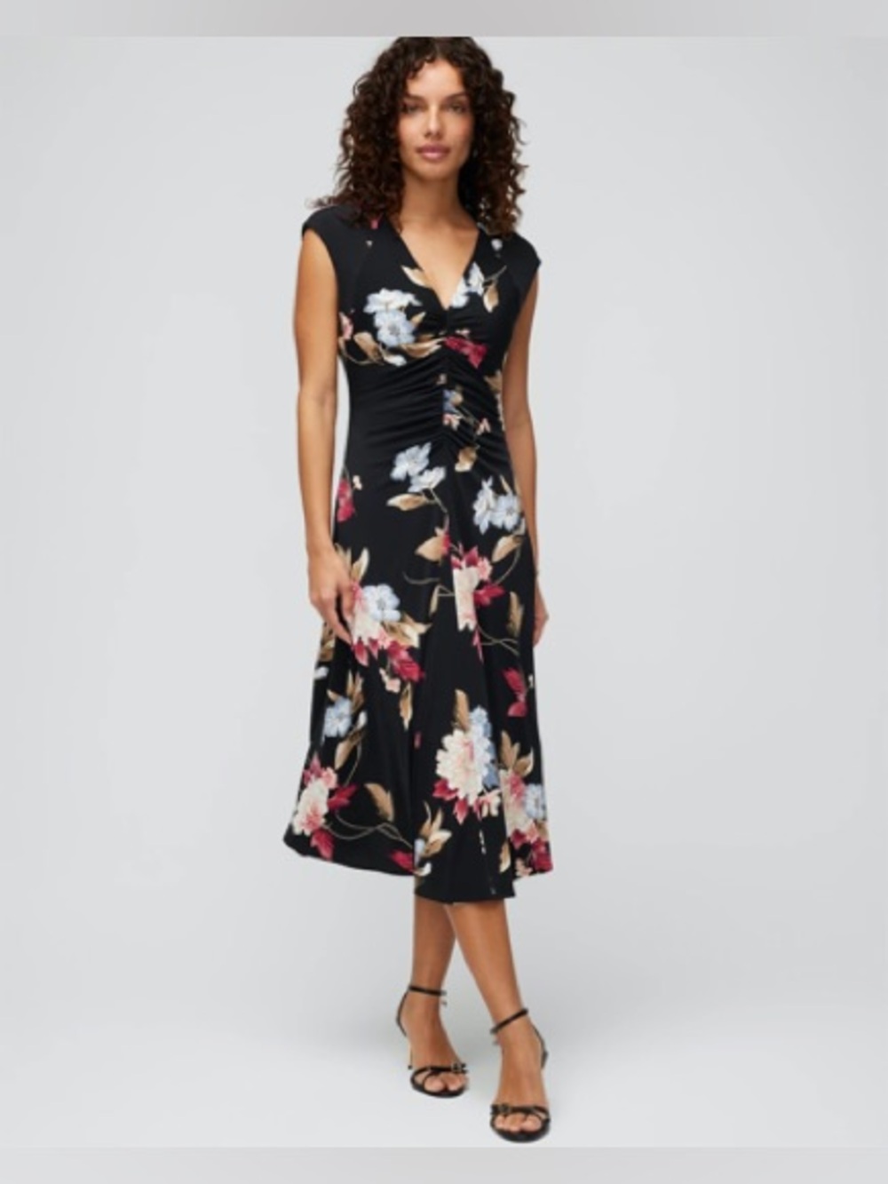 White House|Black Market-sz Mediun-Floral V-Neck Ruched Midi Dress, No Wrinkle!!